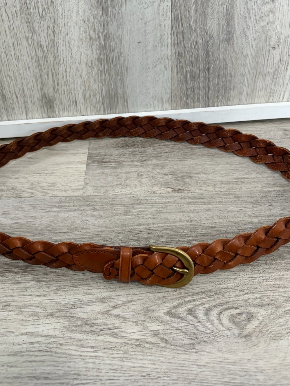 LL Bean Brass Buckle Braided Belt Size 34 Brown Woven Leather Vintage Mens Women
